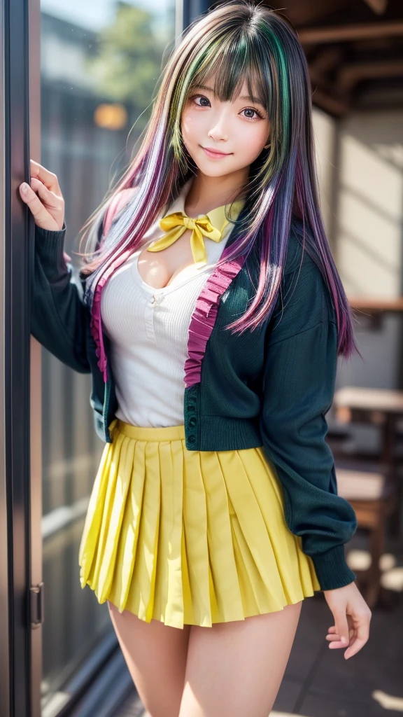 absurdres, highres, ultra detailed, smile,open mouth,standing, looking at viewer,tracen , summer uniform, serafuku, puffy short sleeves, bowtie, horseshoe ornament, sailor collar, sailor shirt, frills, white skirt, purple shirt, miniskirt, zettai ryouiki, white thighhighs, brown footwear, shoes,viblos \(umamusume\),twintails, brown hair, long hair, hat,large breasts, purple eyes, multicolored hair, ear ornament, hair ribbon,