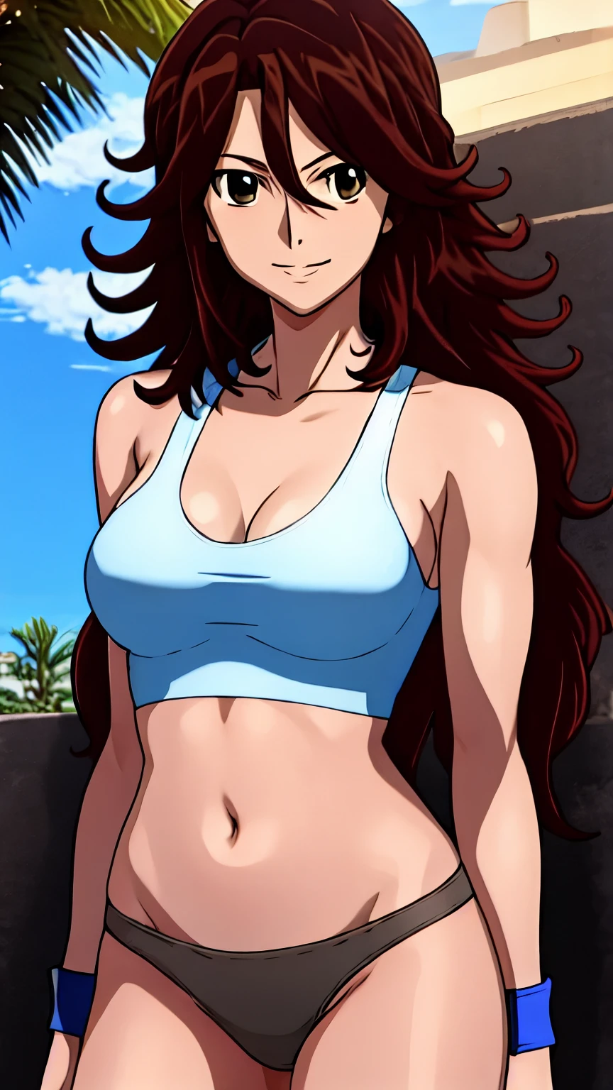 (1girl only:1.6), (wide bangs:1.1), (drawing:1.3), (anime style:1.5), (motion blur:1.4), (wristband:1.4), (body of female wrestler:1.7), strong biceps, (accurate face:1.4), (cowboy shot:1.9), (slim arms:1.1), (outdoor desert with palm trees:1.5), very high quality, (white skin:1.7), (loose hair:1.5), (brown long hair:1.4), (smile:1.3), groin, (highly detailed desert:1.4), (photo realistic:1.4), red eyeshadow:1.2, depth of field, (white crop t-shirt with thong:1.4), (white crop t-shirt with thong:1.4), (looking at the viewer:1.4), (skinny arms, slim arms, toned arms, defined arms), (big breasts:1.15), (biceps:1.35), (brown big eyes:1.2), (smile:1.4), (happy:1.5), (excited:1.2), (hot sun:1.7), (collarbone:1.7), (flexing arm:1.2), (sky:1.3)
