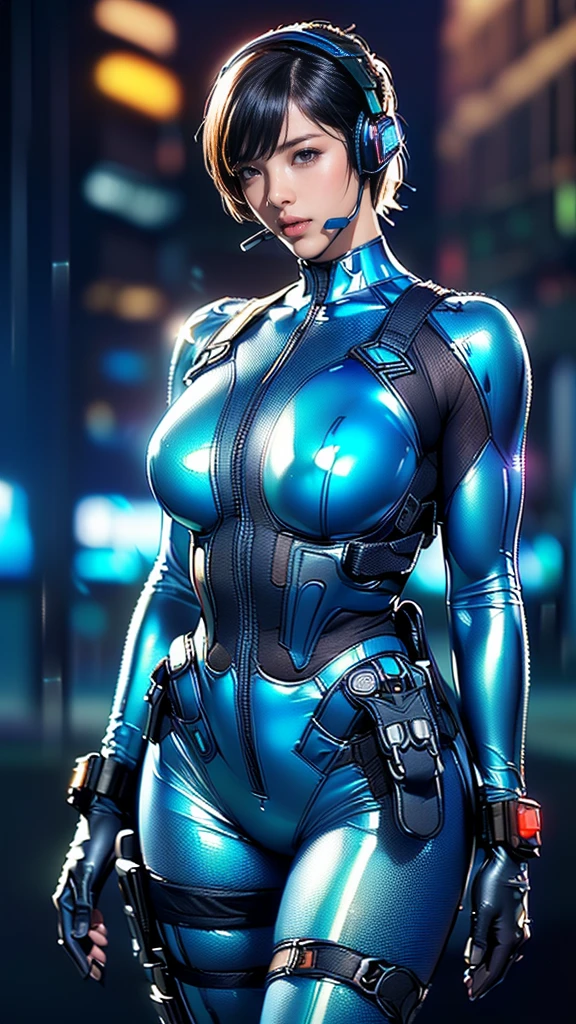 (One Woman),(((Future female police officer standing))),((Shiny dark blue tactical bodysuit:1.5)),((headset:1.5)),((Tactical Holster:1.5)),(gloves:1.5),(Severe:1.5),(Super Short Hair:1.5),(Beautiful Eyes:1.3),(Very detailedな顔:1.5),((Very detailedな女性の手の描画:1.5)),(((Muscular:1.5))),((Sexy Looks:1.5)),((Thick thighs:1.5)),(Beautiful body:1.5),((Very sensual:1.5)),(The background is a futuristic city:1.5),(Cyberpunk atmosphere:1.5),(((Blur the background:1.5))),(Written boundary depth:1.5),break(((masterpiece:1.5),(Highest quality:1.5),(Very detailed:1.5),(High resolution:1.5),(Realistic:1.5),(Realistic:1.5),(Delicate depiction),(Careful depiction))),8k,wallpaper