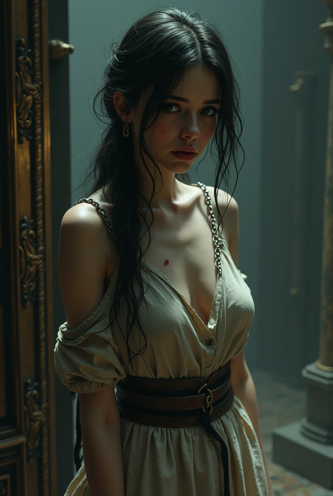 ((Emma Watson)) (long hair:2.0, big breast:1.6), red ancient dress split, thigh gap, chest split, (Top quality, 4k, 8K, high resolution, Masterpiece: 1.2), Super detail, (realistic, photo realistic, photo-realistic: 1.37), horror, mass kidnapping, (forced collective sex, sex slave, rape victim) Red slit, split cloth, helpless beautiful girl, struggling, seductive beauty, Wild gang members, tied realistic hands and feet. In an abandoned tuff house, sassi_di_matera in background, dusty atmosphere, quiet cries, blood-freezing cries, begging for mercy, pain and anguish, anxious shadows, gritty textures,  horrible