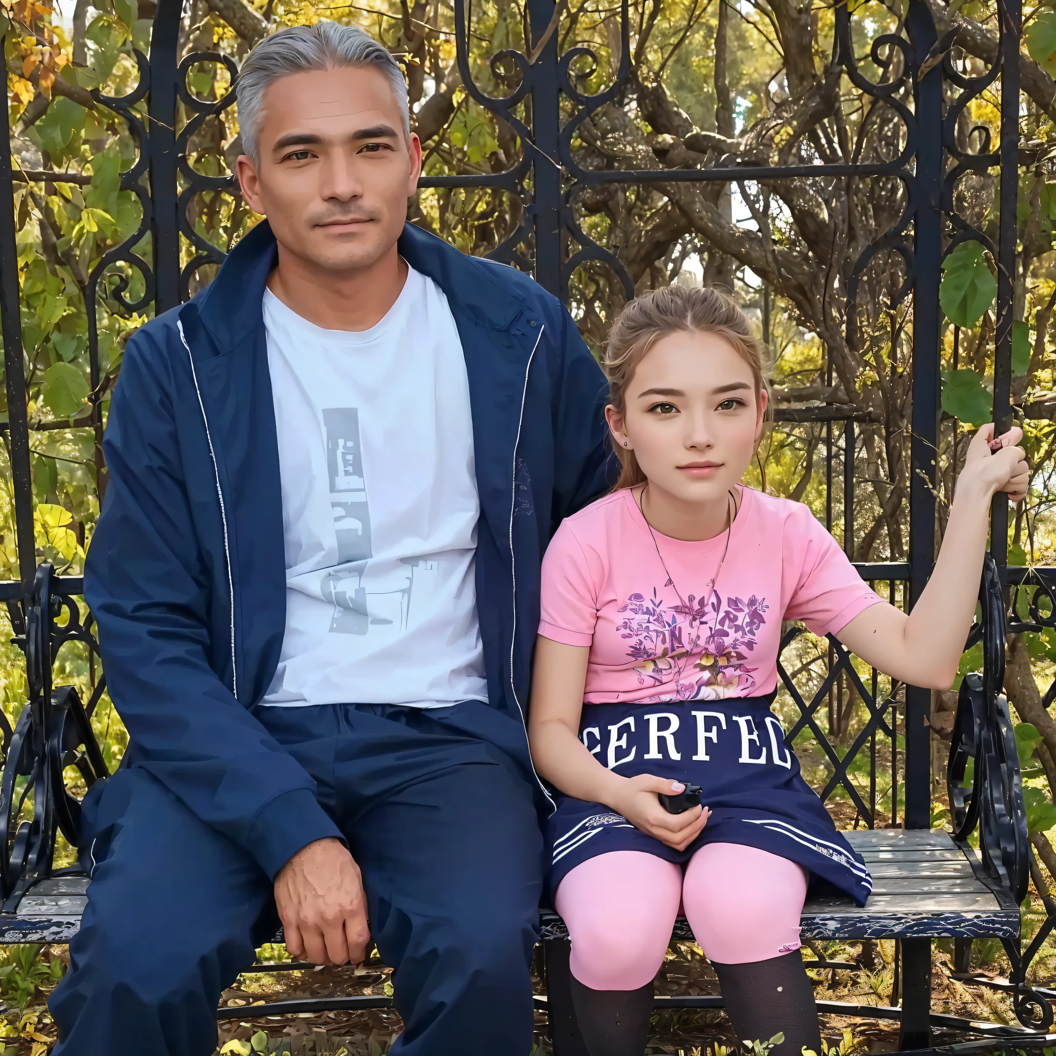 a man and a girl are sitting on a bench, photographic photography, extreme detail , highest quality, 8k, masterpiece fails , detailed background