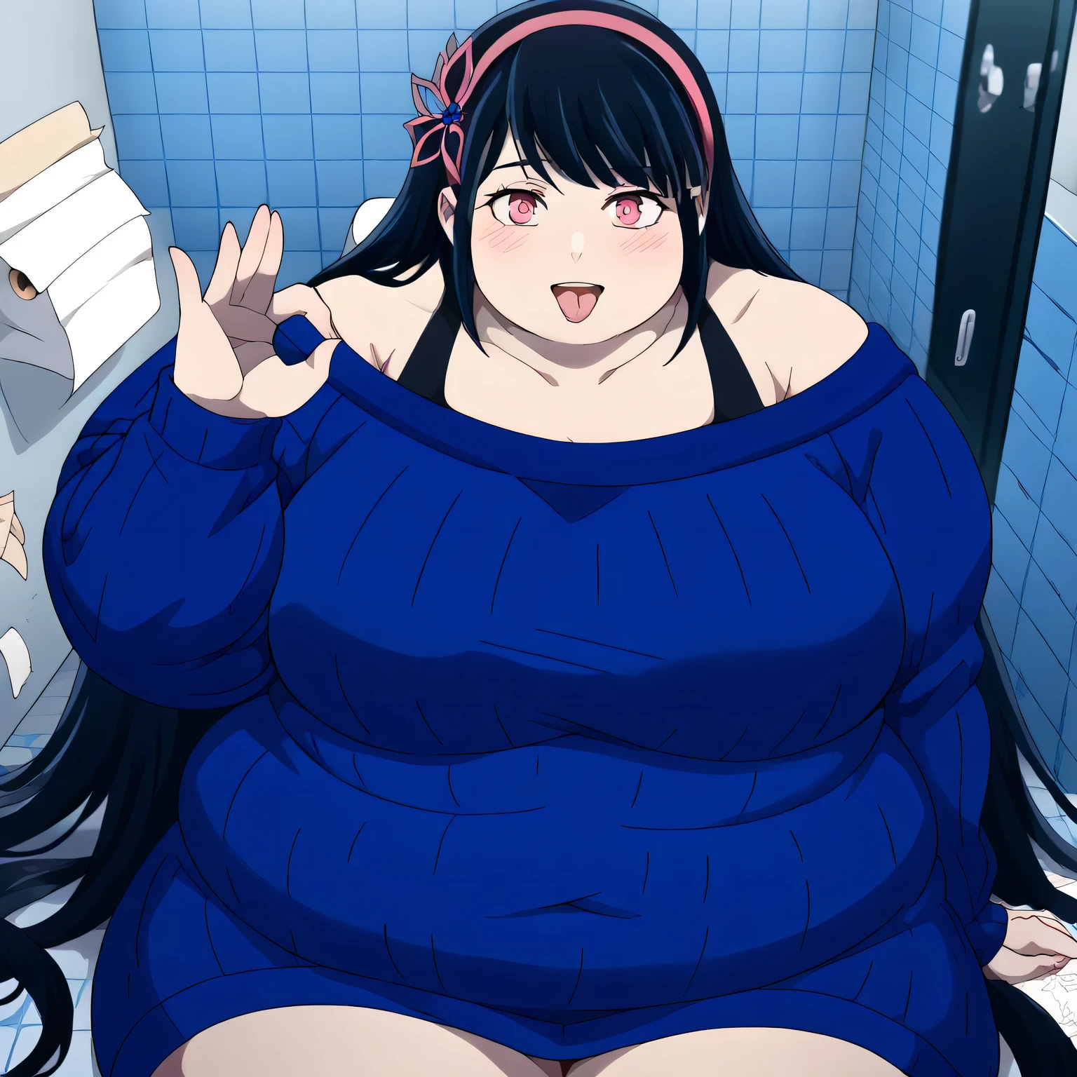 score_9, score_8_up, score_7_up, source_anime, yihwa yeon, long hair, bangs, black hair, hair ornament, pink eyes, very long hair, hairband, large breasts,, long sleeves, bare shoulders, collarbone, off shoulder, sweater, butterfly hair ornament, off-shoulder sweater, toilet stall, privacy, tiles, toilet paper, door, smile, money gesture, blush, sitting, couch, arm support, smile, tongue out, knee up, from above, looking at viewer, solo,, dutch angle, cowboy shot fat, chubby, obese, gigantic arms and legs, large breasts open mouth, out of breath