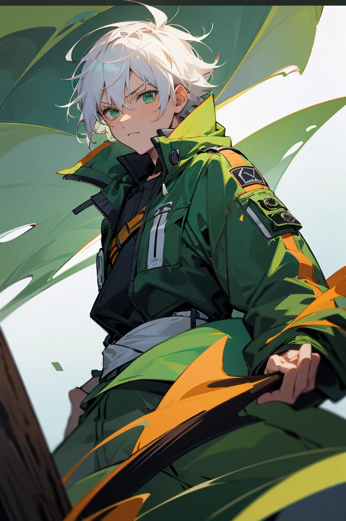 Adult, male, Serious Expression, White Hair Green eyes, Adventure clothing.