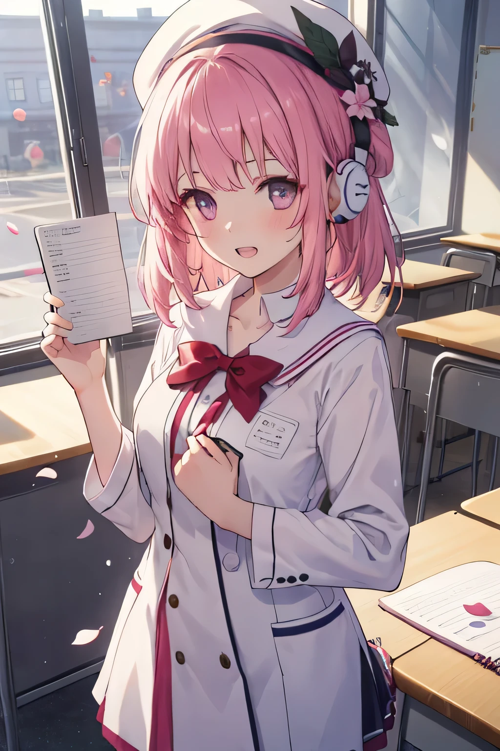 happy girl ( showing teeth), standing, combat pose, pink hair color, school fund, school fund(classroom), complete anatomy, graphic effects , ornament of a flower-shaped accessory on the head, aura, white cap, notebooks, school supplies , cell phone, Earphones, height 159 cm ( 5 feet 3 inches ), summoning circle, fire around, strong breeze , sakura petals and leaves, primera persona, blush, looking at the spectator, Charm, Pausa de toque ciego looking at the spectator, very detailed face , 8K, light and shadow effect. Masterpiece.