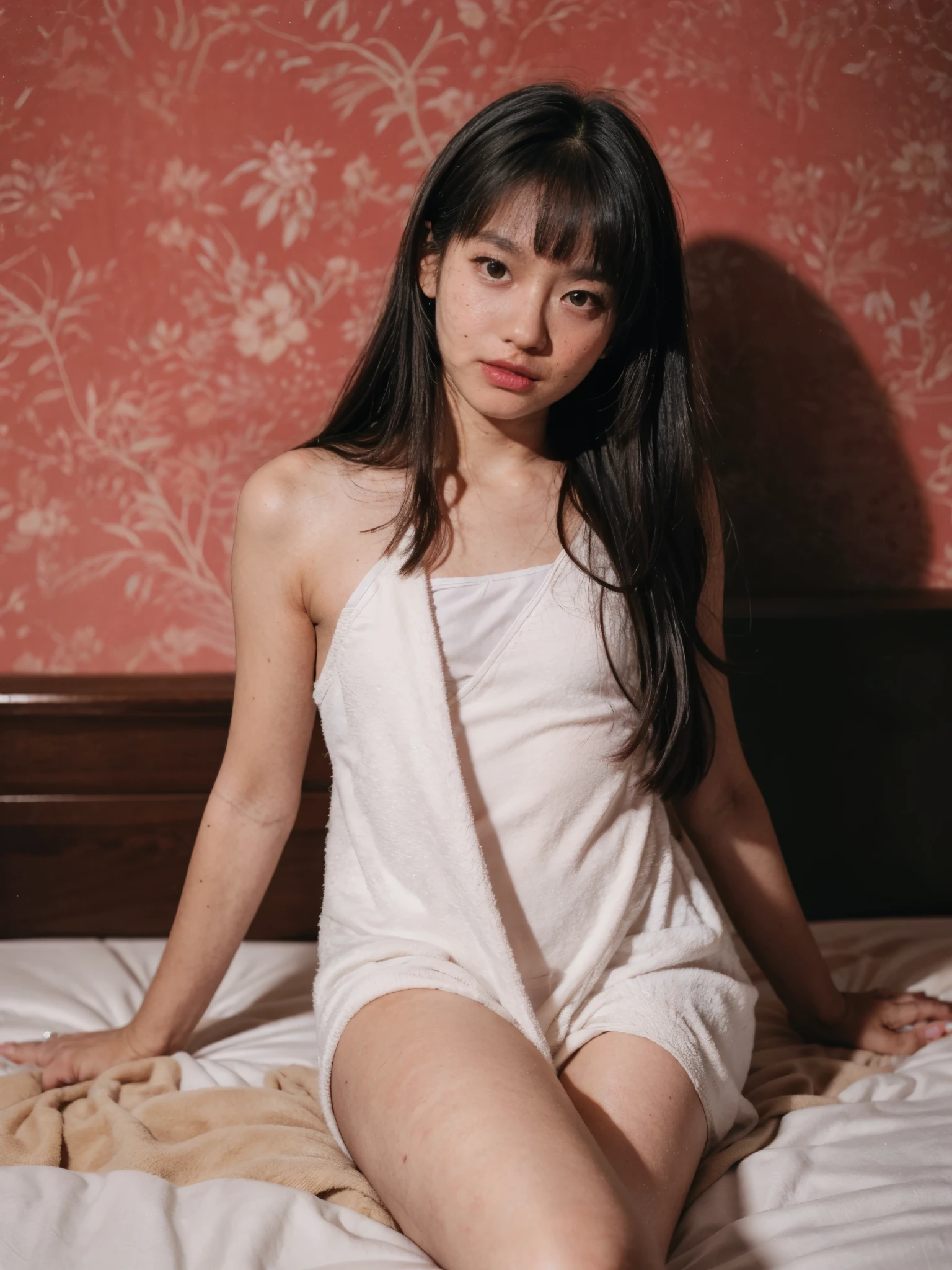 raw photo, 8k, (top-quality), Realistic, (real picture, Intricate details), (natural skin texture, detailed skin, hyper realism, sharpness), (Japanese girl sitting on small bed in a old hotel at night, hands between leg), ((naked towel)), (((flat chast:1.5))), (slender body, pale skin:1.2), ((wavy hair, blunt bangs)), (baby facative look, Parted lips:1.3, eye bag:1.3, red thick lips, under eye circle), thighs, night time, red wallpaper, hard lighting:1.3, full body shot
