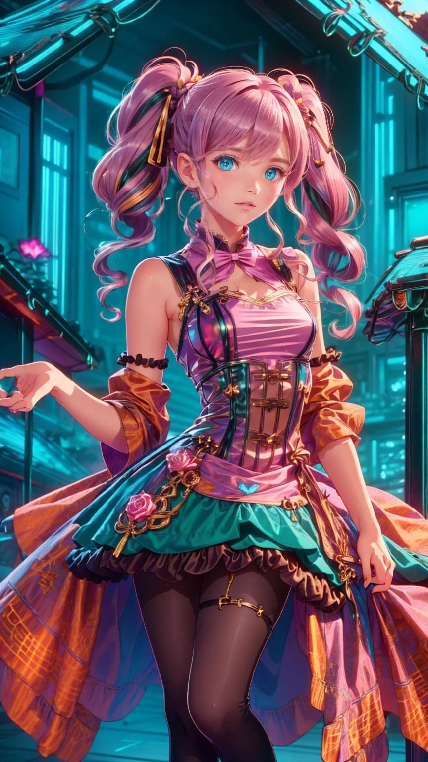  steampunk/ steampunk/ Steampunk 　、 woman, 22,  She has olive green eyes and long blond hair braided over her shoulders., Tied with ribbon and heart, Pale pink scrunchie, Red Clip. Her hair is light in color、This is getting very long.,  worn with twin tails tied with deep pink ribbons and red hearts . 