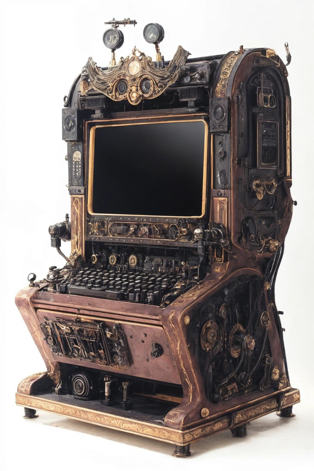 (best quality, masterpiece, photorealistic, elaborate details:1.2), steampunk computer