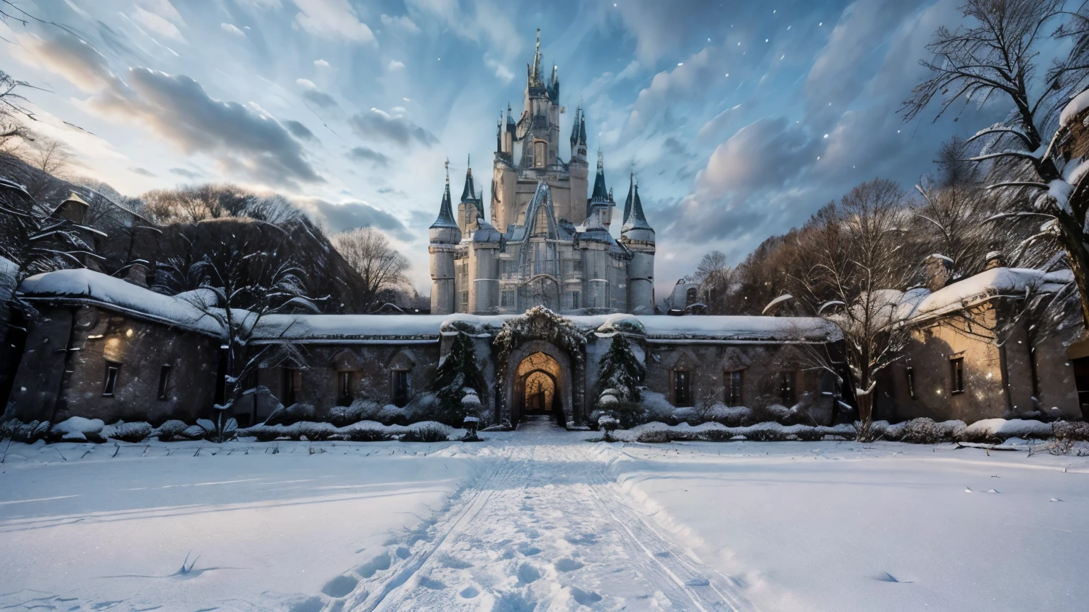 masterpiece, best quality, soft light, ultra high resolution, (photorealistic:1.4), Raw photo, Winter season atmosphere, snow, ((The background is the castle)),