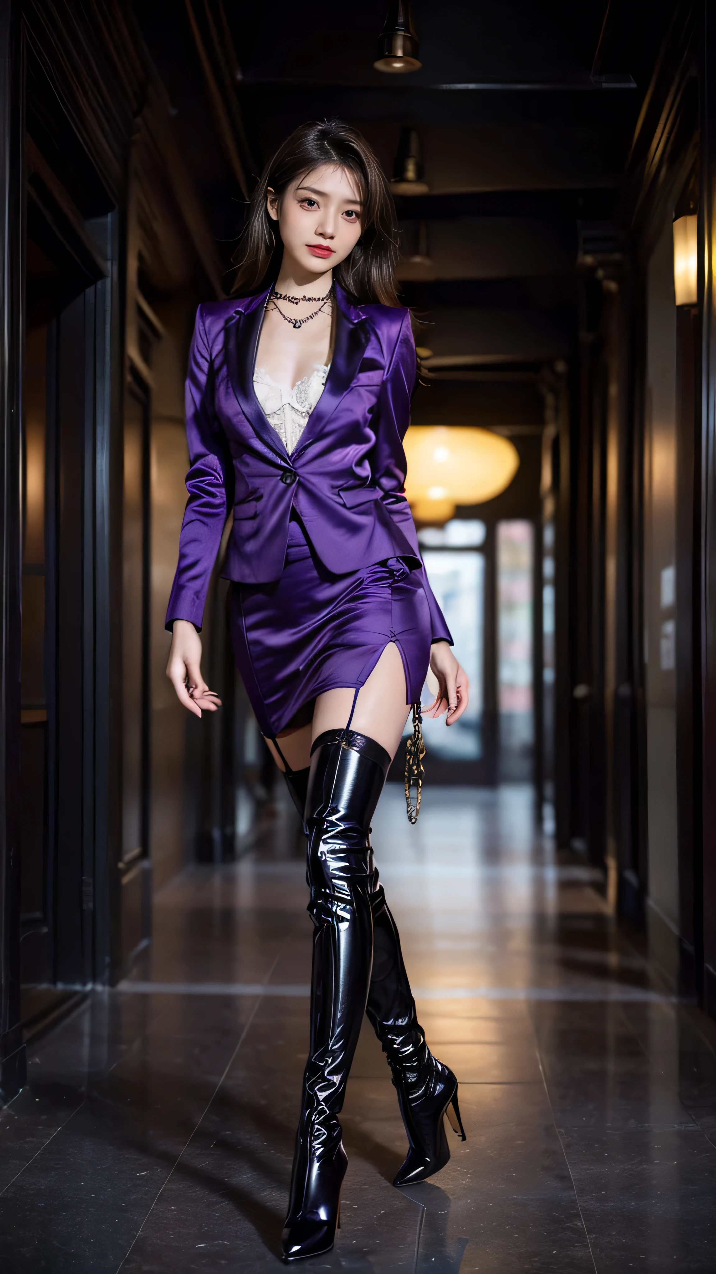 Highest quality,masterpiece,Ultra-high resolution,(Actual:1.4),Original photo,Ultra-high resolution,8k,There are also women,Fair skin,Big wave diamond purple and cool black collaboration dress:1.5,High heels,Ultra-realistic pantyhose, Elegant\Printed pantyhose stockings, Long legs:1.5,Bright and beautiful,high waist,Flashy makeup using red eyeshadow,