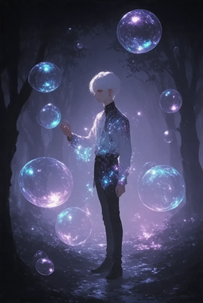 1boy , white hair,bokeh, close mouth, modern theme,,,,,,A mesmerizing scene of a boy surrounded by magical, glowing bubbles floating gracefully in the air. he wears a whimsical, flowing uniform in pastel shades, adorned with subtle sparkling details that shimmer in the soft light. Each bubble radiates an iridescent glow, with swirling patterns of blues, purples, and golds, reflecting the surrounding light like miniature universes. he reaches out to touch one of the bubbles, his expression a mix of wonder and delight. The background is a dreamlike forest with soft mist and dappled light filtering through the trees, enhancing the ethereal and magical atmosphere of the scene
