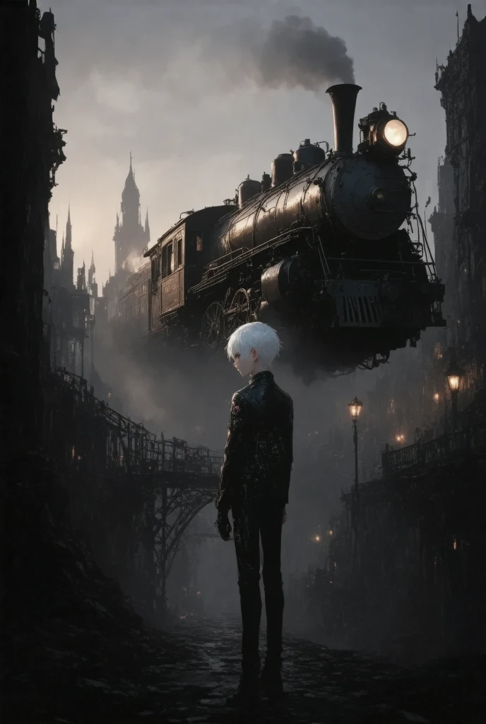 1boy, white hair,fantasy theme, ultra detailed illustration, kawaii anime,,,,,"In a sprawling steampunk city, a young boy stands on a grand, elevated platform waiting for a flying steam locomotive. The cityscape is a stunning mix of Victorian architecture and futuristic elements, with towering metal spires, intricate ironwork bridges, and giant brass gears turning in the distance. Steam and smoke billow from countless chimneys, adding a dynamic, misty atmosphere. The boy, dressed in a vintage outfit with goggles and a small satchel, gazes in awe as the massive steam-powered train hovers above the rails, its brass and copper exterior gleaming with ornate engravings. Pipes and vents on the train emit puffs of steam as it approaches, glowing faintly from embedded lanterns. The golden light of the setting sun bathes the scene, casting long shadows and enhancing the fantastical charm of the steampunk world."
