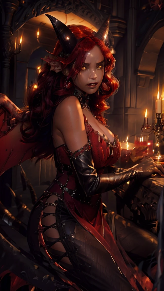 (Cinematic, highly detailed, realistic). (devil's tail:1.5) A seductive red haired succubus with smooth purple skin. She has elegant, curved horns and a thin tail ending in a spade. Her bat-like wings are outstretched, faintly glowing in soft candlelight. She is dressed in alluring, gothic-inspired lace and leather attire. She leans on a grand ornate bed, gazing provocatively at the viewer with a sultry expression. The setting is a dimly lit medieval-style room with flickering candles, rich tapestries, and a smoky, mysterious atmosphere.