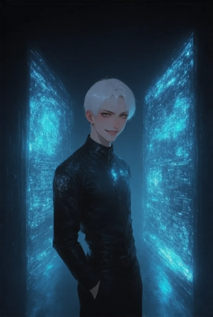 1boy , white hair,bokeh, close mouth, modern theme,,,,,,Inside a sleek, futuristic space station,he is a young male staff member, and he is in a neatly designed uniform stands confidently, smiling warmly at the camera. He is surrounded by a sophisticated interior, where smooth metallic surfaces are interwoven with glowing cyan lines that pulse gently, emphasizing the station's advanced technology. The boy gestures toward a large, semi-transparent virtual screen floating beside him, displaying holographic diagrams, charts, and maps related to the facility. The ambient lighting is soft and cool, with hints of cyan and white reflecting off the polished surfaces, creating a calm yet advanced atmosphere. Behind him, the corridor reveals other sections of the station with similar glowing accents, hinting at the vastness of the structure. The scene captures the essence of a welcoming and highly technological environment
