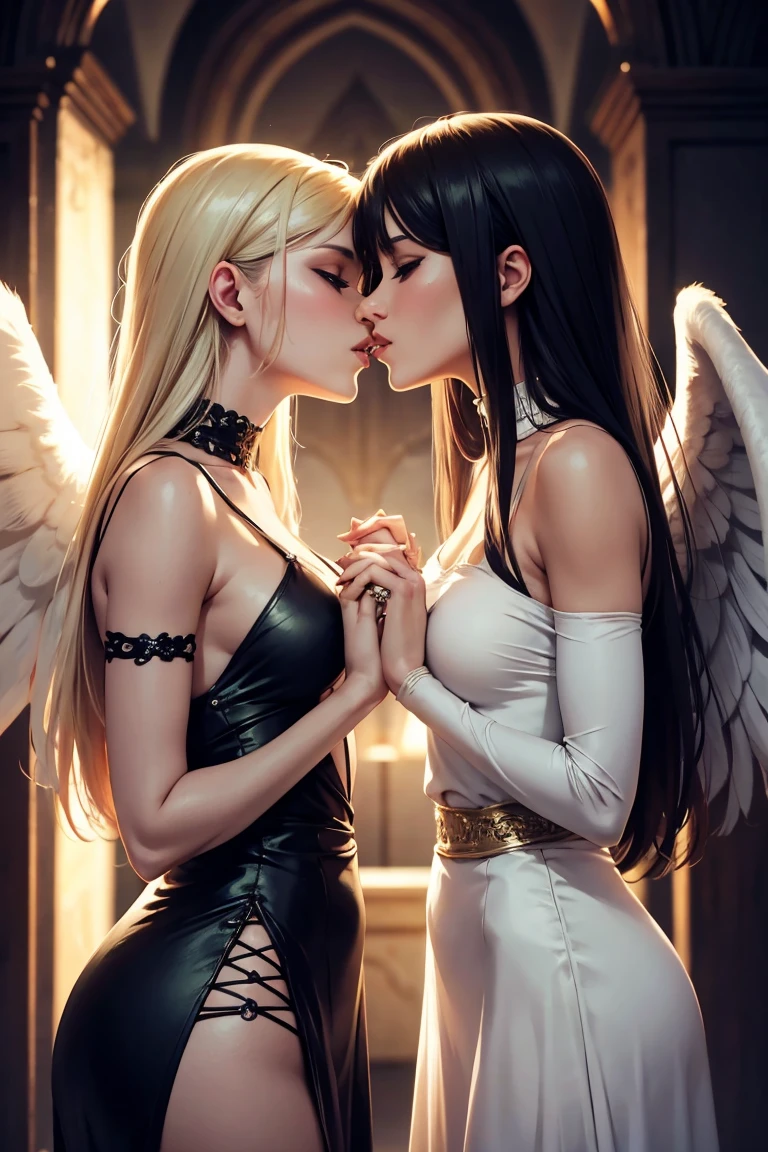 A white angel handsome female high abs gentle big wings, A black demon female cute big-breasted demon with small wings, Dynamic perspective, Mouth-to-mouth kissing，High definition, --auto