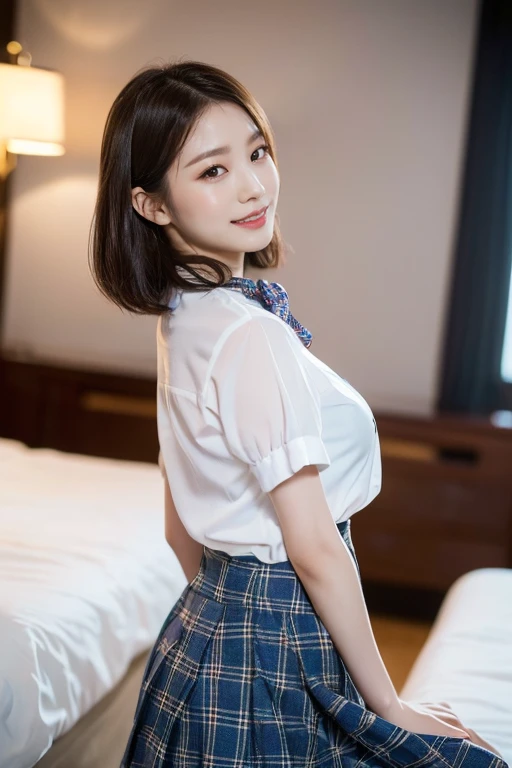 1人、Blushing cheeks、shyly smile、optic、large full breasts、Loose white shirt on chest、Tartan checked skirt、Girl in Japan school uniform、florals、hair pin、a necklace、piercings、Crawling on all fours on the bed、from below looking up、depth of fields、pointed red mouth、Glossy reddish-brown shorthair、Black eyes、鎖骨、Beautiful fingers、Hourglass body、portrait of a full body、Removing his tie、