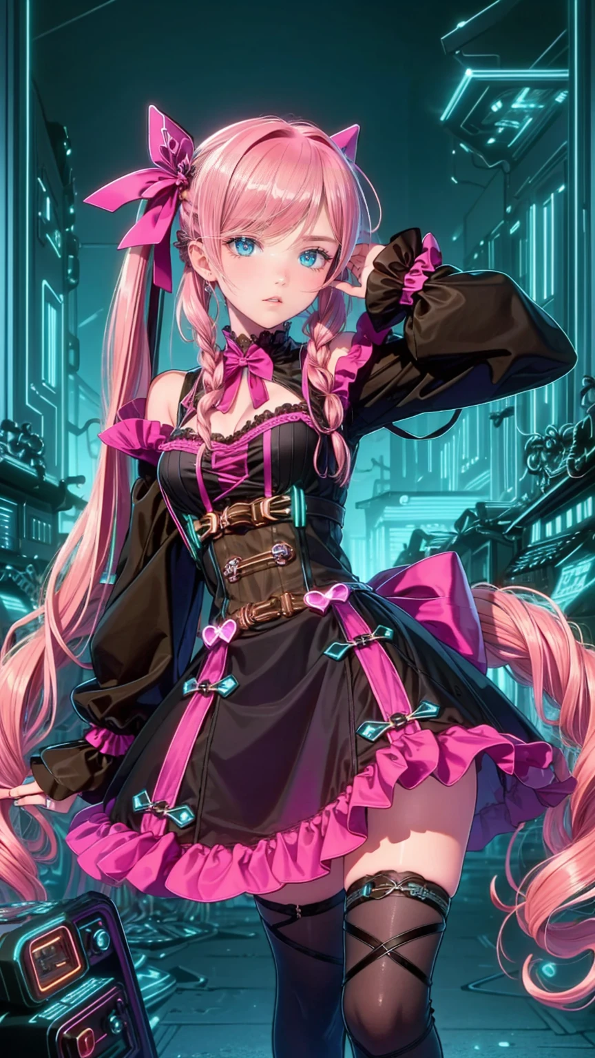  steampunk/ steampunk/ Steampunk 　、 woman, 22,  She has olive green eyes and long blond hair braided over her shoulders., Tied with ribbon and heart, Pale pink scrunchie, Red Clip. Her hair is light in color、This is getting very long.,  worn with twin tails tied with deep pink ribbons and red hearts . 