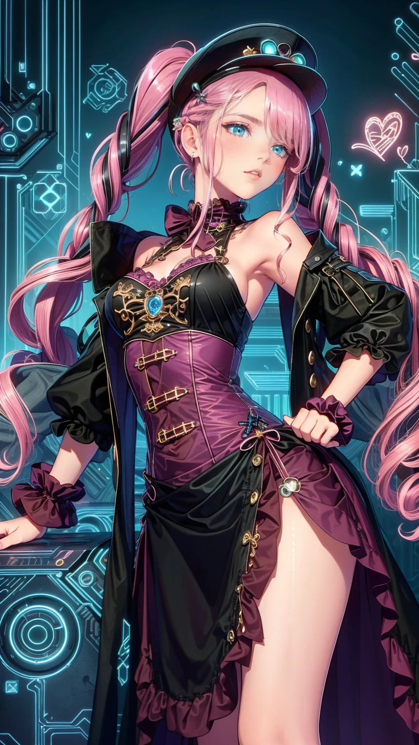  steampunk/ steampunk/ Steampunk 　、 woman, 22,  She has olive green eyes and long blond hair braided over her shoulders., Tied with ribbon and heart, Pale pink scrunchie, Red Clip. Her hair is light in color、This is getting very long.,  worn with twin tails tied with deep pink ribbons and red hearts . 