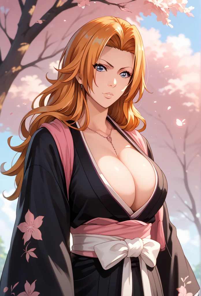 Rangiku Matsumoto, 1girl, solo, big breasts, cleavage, long hair, orange hair, japanese clothes, black kimono, hoari, sakura trees background, masterpiece, high quality, ultra details, perfect body, nice body, curvy, highly detailed