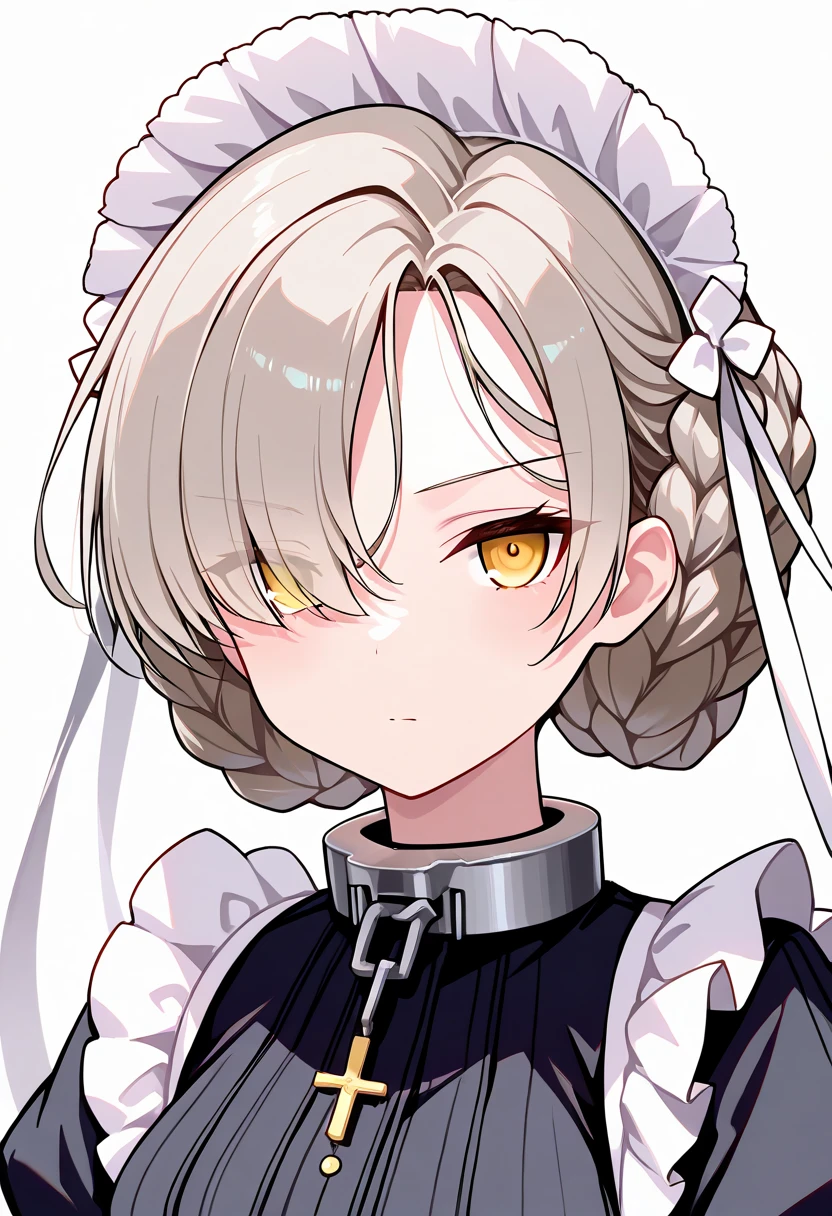 masterpiece, best quality, 32k, high resolution, absurdres, 1girl, solo, sheffield \(azur lane\), yellow eyes,short hair, hair over one eye,braid, maid headdress,maid,metal collar, cross,apron, neutral face