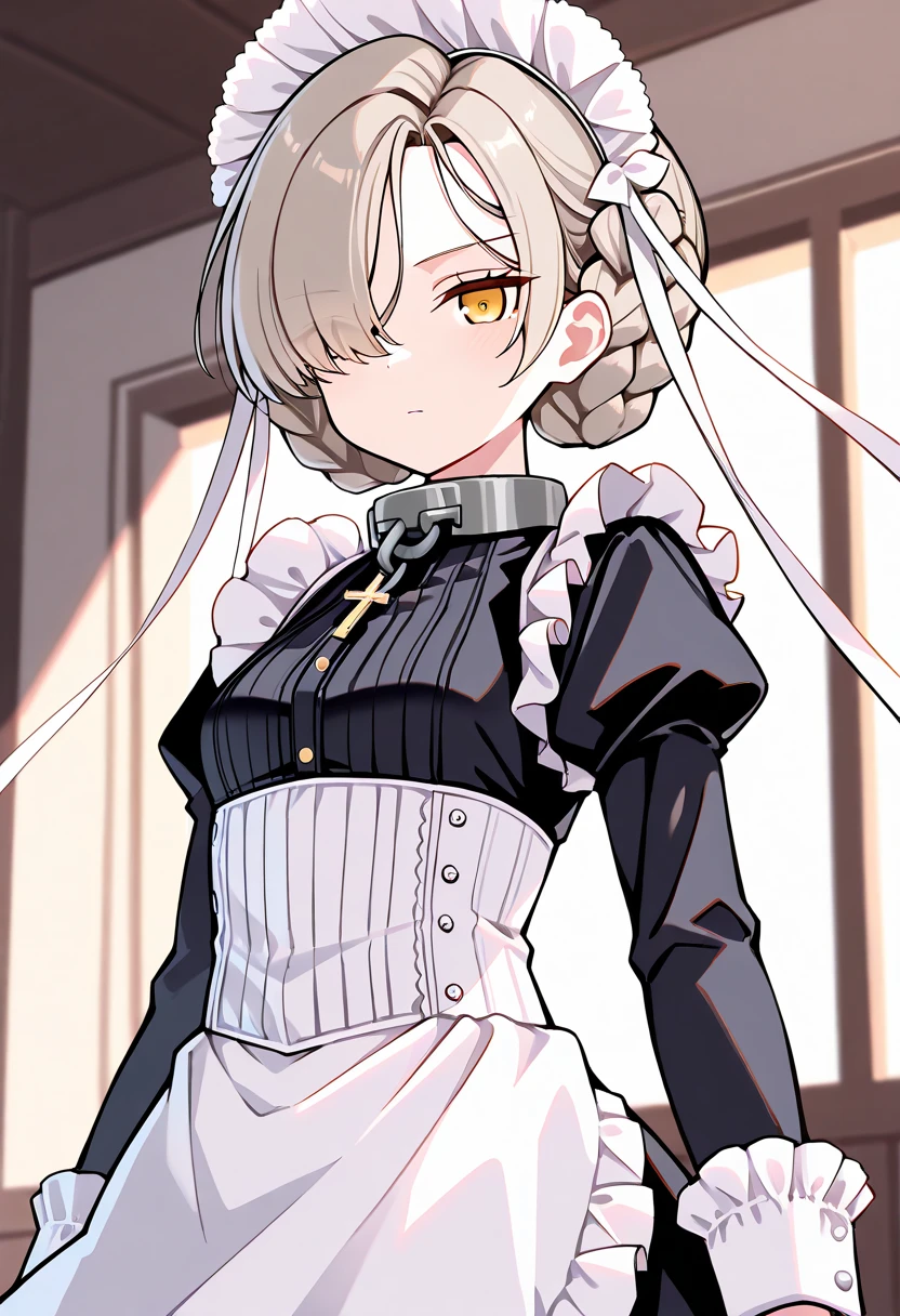 masterpiece, best quality, 32k, high resolution, absurdres, 1girl, solo, sheffield \(azur lane\), yellow eyes,short hair, hair over one eye,braid, maid headdress,maid,metal collar, cross,apron, neutral face