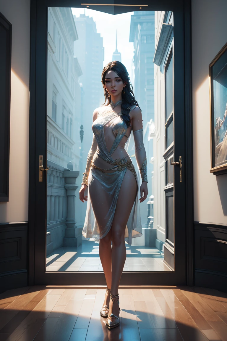 sporty girl, in medieval revealing white wet heavy rain soaked wet embroided light robes, resembling lara croft tomb raider 2013 with a beautiful face similar to megan fox, greater depth, dramatic lighting, painting style louis royo --ar 3:4 -