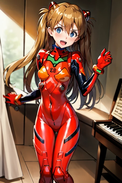 (( top quality)), ((masterpiece)), (be familiar with),  perfect face, indoor, bedroom, looking at the viewer,
One woman,  Soryu Asuka Langley,
 open mouth,  ecstatic expression beside the piano, blush, smile,
 small tits,  flat chested, Young girl, Lori,  s,  girl,
 long hair,  twin tails,
Leg spread,