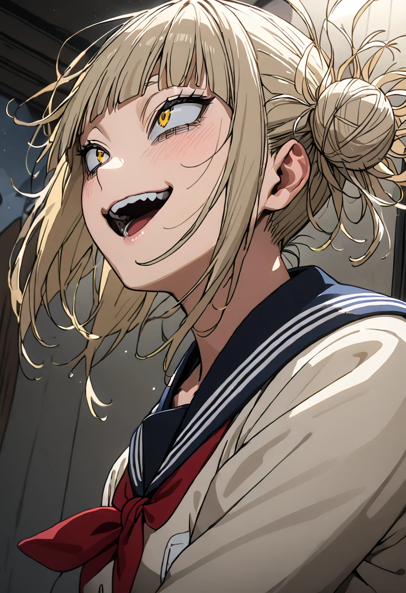 toga himiko, Double Bang ,  Yellow Eyes ,  blonde hair ,  wide open mouth, ,  school uniform, tooth, smile, ,  school uniform, tooth, smile,  sailor suit, Blue sailor collar, ((full body)),  Red Neckerchief , teeth,Masseter muscle area,  top quality,32K、 wallpaper,  super detailed, Absurd beauty,  1 girl 、Thin legs、Make the head smaller、いたずらっぽいsmile、 the angle of looking up from below :1.5、♡♡♡、( Moving Pose )、 thighs thighs thighs 、 medium short hair 、  is leaking sex by morning, Angle looking up from below:1.5