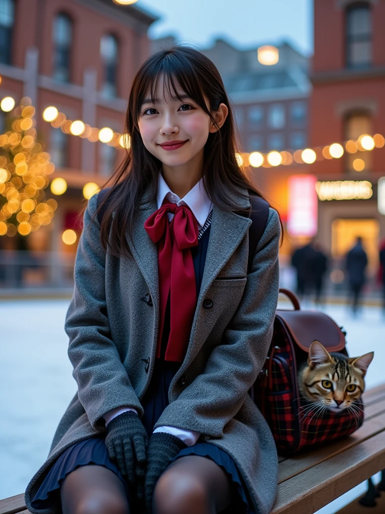 ultra-realistic, photorealistic, dramatic scene, shadow, global-illumination, solo, (teenage Japanese famous idol girl), very beautiful fragile Japanese girl, very beautiful with very cute but boyish cool face, (very large breasts), slim waist, (wearing a gray colored Japanese high school cute uniform of white shirt with blazer and skirt), (red ribbon), (stylish winter coat), ((checked dark red woolen scarf)), (glove), (She is wearing dark navy tights), She is holding white ice skate shoes, (very large breasts), (The cat is hiding in her backpack), (A giant fat cat peeks out of her backpack), She puts on her skates and gets ready to ice skate, (She is sitting at the bench at the side of an outdoor skating rink in the red brick warehouse district:1.3), the warehouses are festively decorated with Christmas illuminations, she looks so happy, happy smile, (there are festively decorated Christmas trees),  professional lighting, (shoot from side)