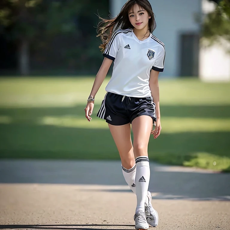  white soccer uniform 、 white and sky blue adidas.smile,  shortcuts, bangs, (  Masterpiece :1.3,  top quality,  Ultra High Resolution,  super detailed), ( realistic , photo realistic :1.4),  beautiful illustration ,  perfect lighting ,  colorful ,  depth of field,  beautiful detailed shine ,  beautiful detailed face ,  beautiful detailed eyes in atata,  beautiful collarbone ,  beautiful body,  beautiful breasts,  beautiful thighs,  beautiful legs, Beautiful fingers ,  watches viewers,  1 girl,  High School Girls ,  perfect face, ( perfect anatomy,  anatomically correct),  cute and symmetrical face ,  baby face , , shiny skin, (Mid-length hair,  two side up,  light brown hair ),  sweep bang ,  gray eyes,  long lashes, ( medium chest ), slender, ( detailed cloth texture ), There is a woman lying on the sofa wearing a soccer uniform., Picture of Juan O'Gorman , Tumbler,  what is it ？,  school soccer uniform  , , Haruna Kawaguchi