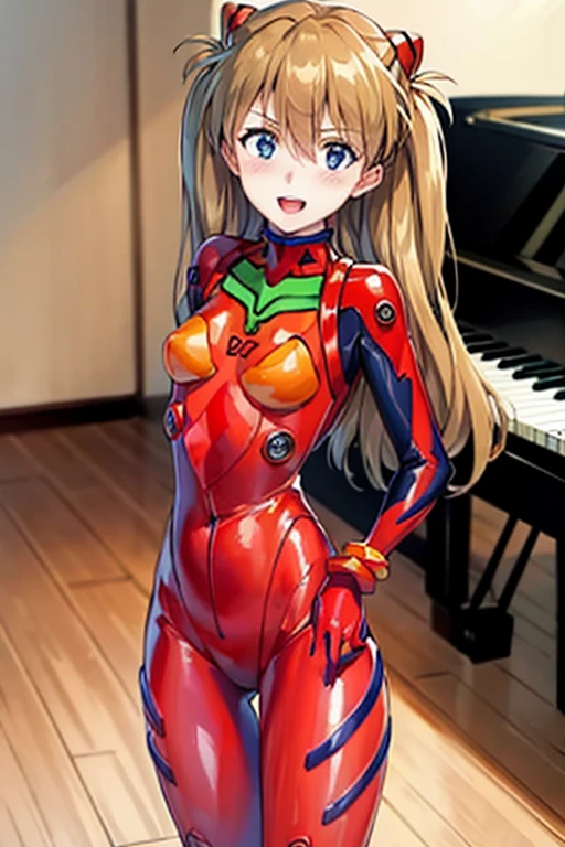 (( top quality)), ((masterpiece)), (be familiar with),  perfect face, indoor, bedroom, looking at the viewer,
One woman,  Soryu Asuka Langley,
 open mouth,  ecstatic expression beside the piano, blush, smile,
 small tits,  flat chested, Young girl, Lori,  s,  girl,
 long hair,  twin tails,
Leg spread,