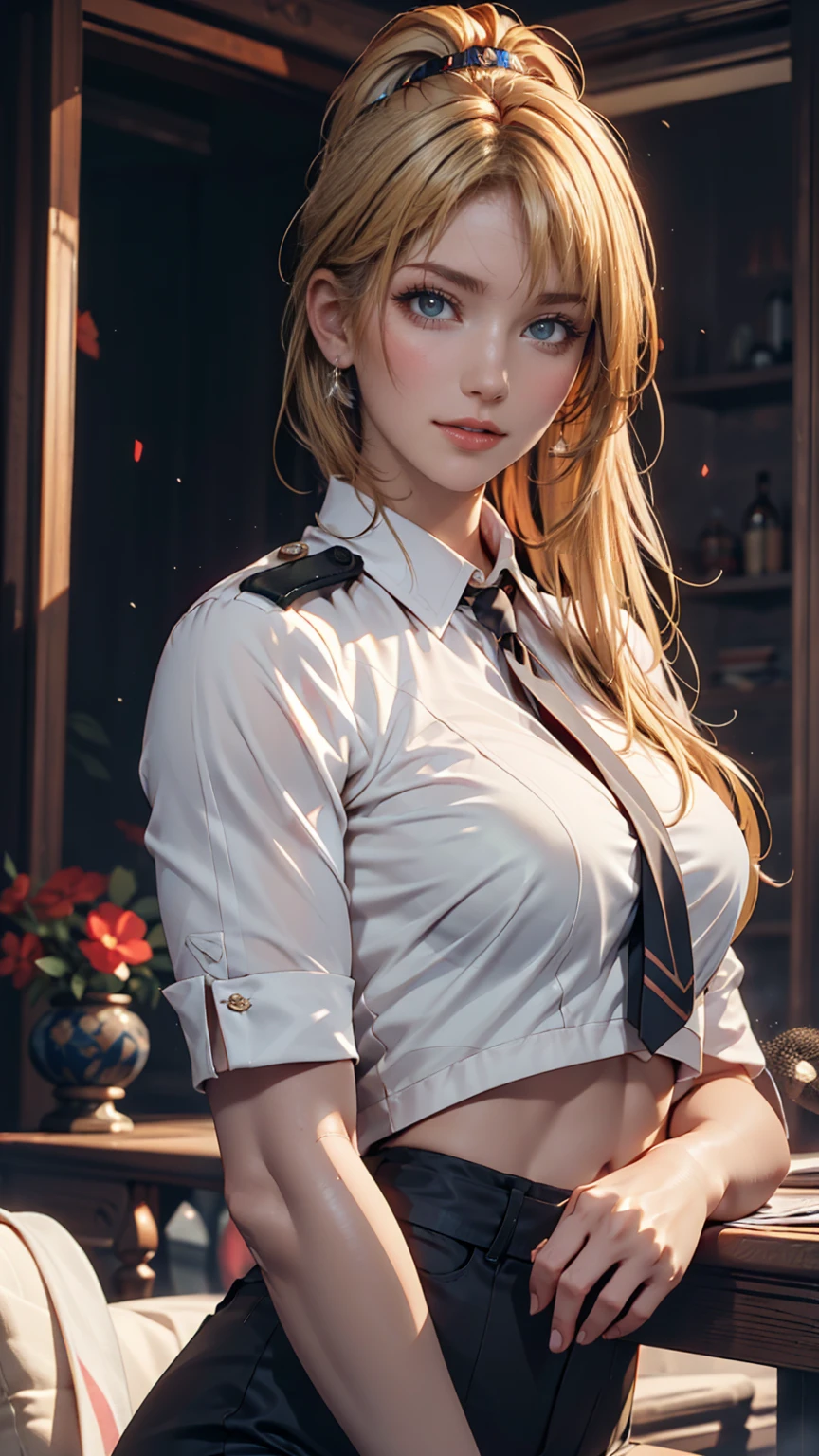 masterpiece, Ultra-high-definition CG, Highest quality, Perfect photo, alone, Lydia Sobieska (Iron fist, Blonde hair in a high ponytail, blue eyes, Red Hair Bow, strong), Wearing a sexy karate uniform, Sit on the bed, Turn to the side, blush, Show your shoulders, In a European mansion