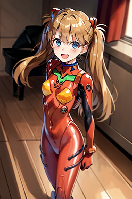 (( top quality)), ((masterpiece)), (be familiar with),  perfect face, indoor, bedroom, looking at the viewer,
One woman,  Soryu Asuka Langley,
 open mouth,  ecstatic expression beside the piano, blush, smile,
 small tits,  flat chested, Young girl, Lori,  s,  girl,
 long hair,  twin tails,
Leg spread,