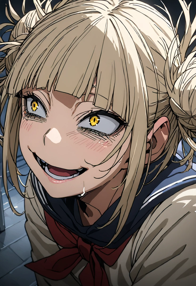 toga himiko, Double Bang ,  Yellow Eyes ,  blonde hair ,  wide open mouth, ,  school uniform, tooth, smile, ,  school uniform, tooth, smile,  sailor suit, Blue sailor collar, ((full body)),  Red Neckerchief , teeth,Masseter muscle area,  top quality,32K、 wallpaper,  super detailed, Absurd beauty,  1 girl 、Thin legs、Make the head smaller、いたずらっぽいsmile、break,  the angle of looking up from below :1.5、♡♡♡、( Moving Pose )、 thighs thighs thighs 、 medium short hair 、  is leaking sex by morning, Angle looking up from below:1.5