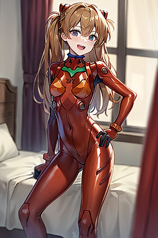 (( top quality)), ((masterpiece)), (be familiar with),  perfect face, indoor, bedroom, looking at the viewer,
One woman,  Soryu Asuka Langley,
 open mouth,  ecstatic expression beside the piano, blush, smile,
 small tits,  flat chested, Young girl, Lori,  s,  girl,
 long hair,  twin tails,
Leg spread,