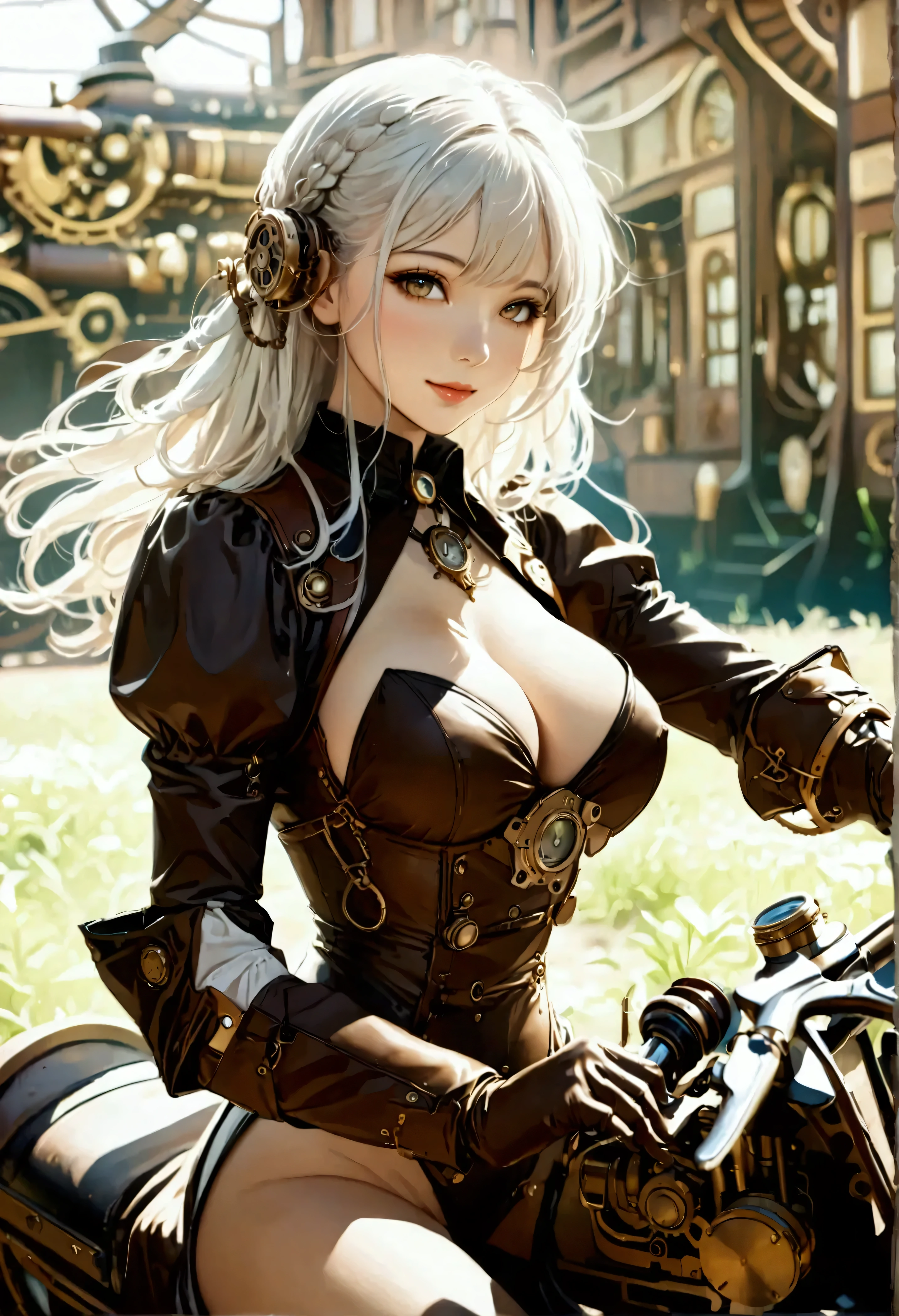 ((  Masterpiece ,  top quality,  Max Image,  high definition )), ((Highly detailed CG composite 8K wallpaper)), ((full body shot)),  (Steampunk style, Sepia nostalgic painting style:1.3)、  young beautiful girl 、 ((large breasts:1.2), (huge breasts:1.2), (Uplifted and well-defined bust:1.2), (lifted chest:1.2), (perky breasts :1.2),(deep cleavage:1.4), sexy long legs, Chest without clothes 、leather long boots,  Dreamy, smile, white hair , driving a mechanical bike, side view