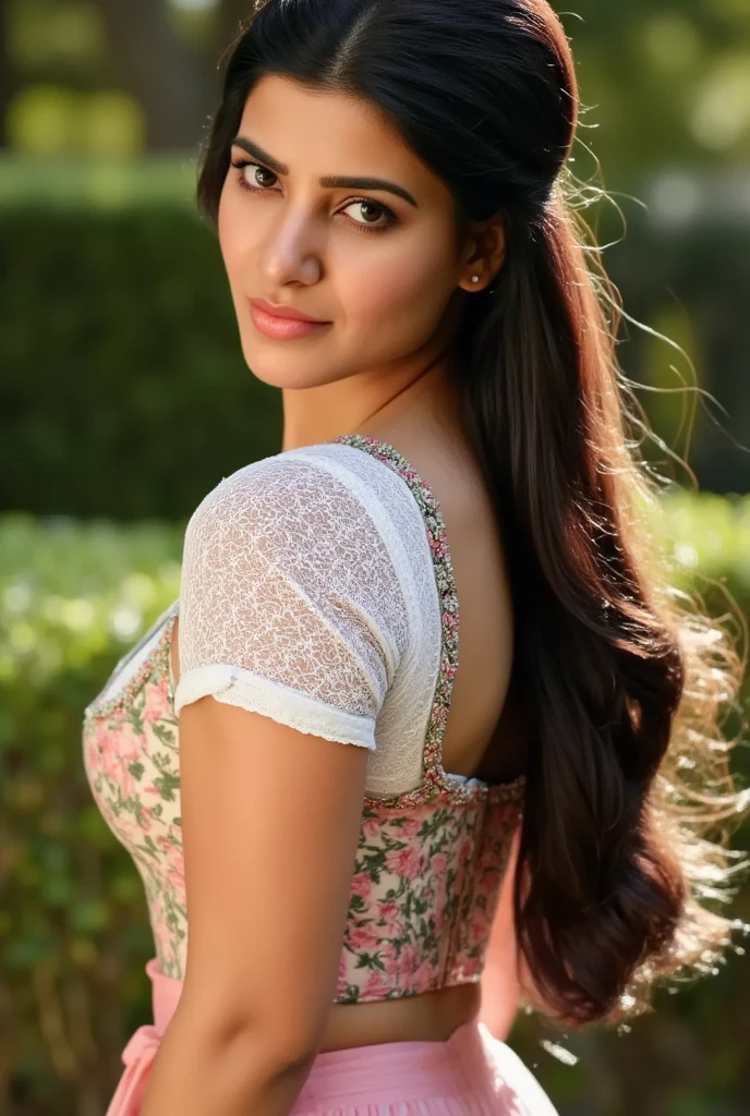 A woman in a traditional Bavarian dirndl with a lot of cleavage black hair , detailed face, beautiful eyes, lush lips, flawless skin, long blonde hair, voluptuous figure, elegant pose, outdoor garden setting, natural sunlight, vibrant colors, detailed texture, photorealistic, 8k, hyperdetailed, masterpiece