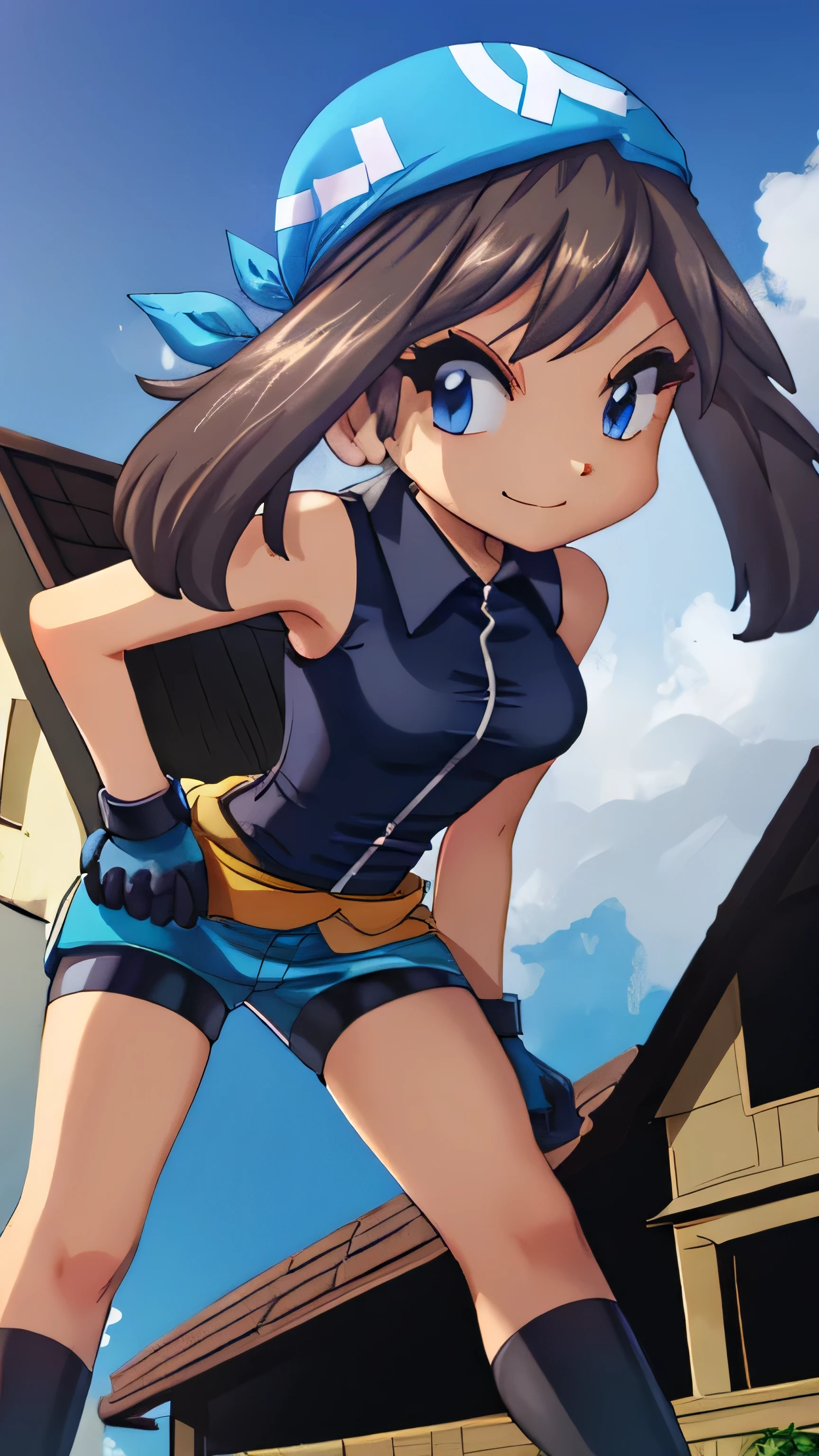  brown hair ,  blue eyes, blue bandana , blue sleeveless collar shirt,  bike shorts that are close to face,  black high socks, Blue shoes, White gloves, Ample breasts,  Tall,  watches viewers, 1 Female, Age 18,  standing, whole body, Place one hand on hip,  slim figure,  sexy smile,  seductive smile,  Detailed Background ,  top quality,  masterpiece , Outdoor, town, building,  break 1 girl , Alone, (\ Pokemon\), 