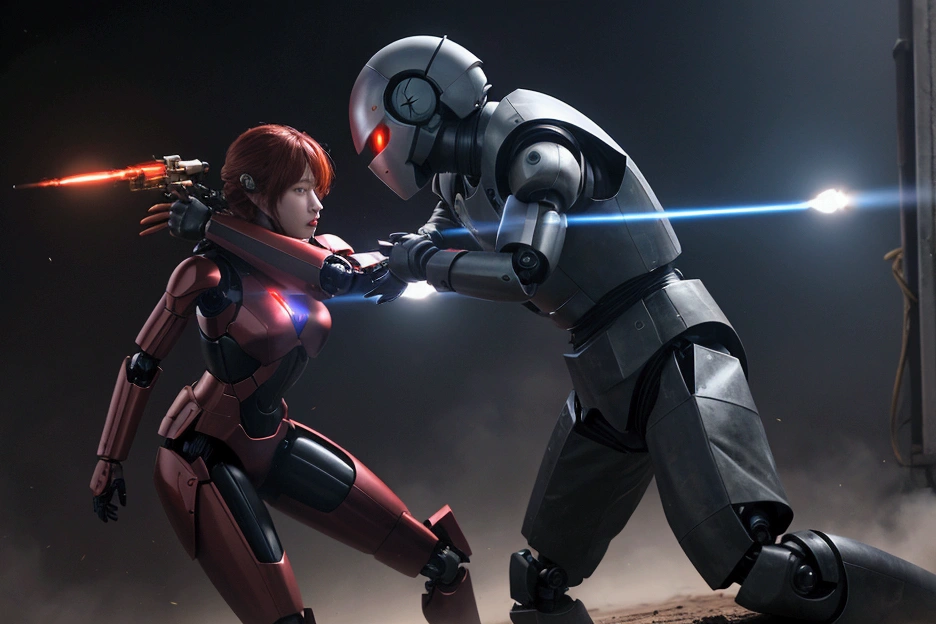  movie lights,  female-type weapon specialized in combat、 female android、In the middle of a fierce battle 、 is fighting、During combat、 fighting an enemy robot 