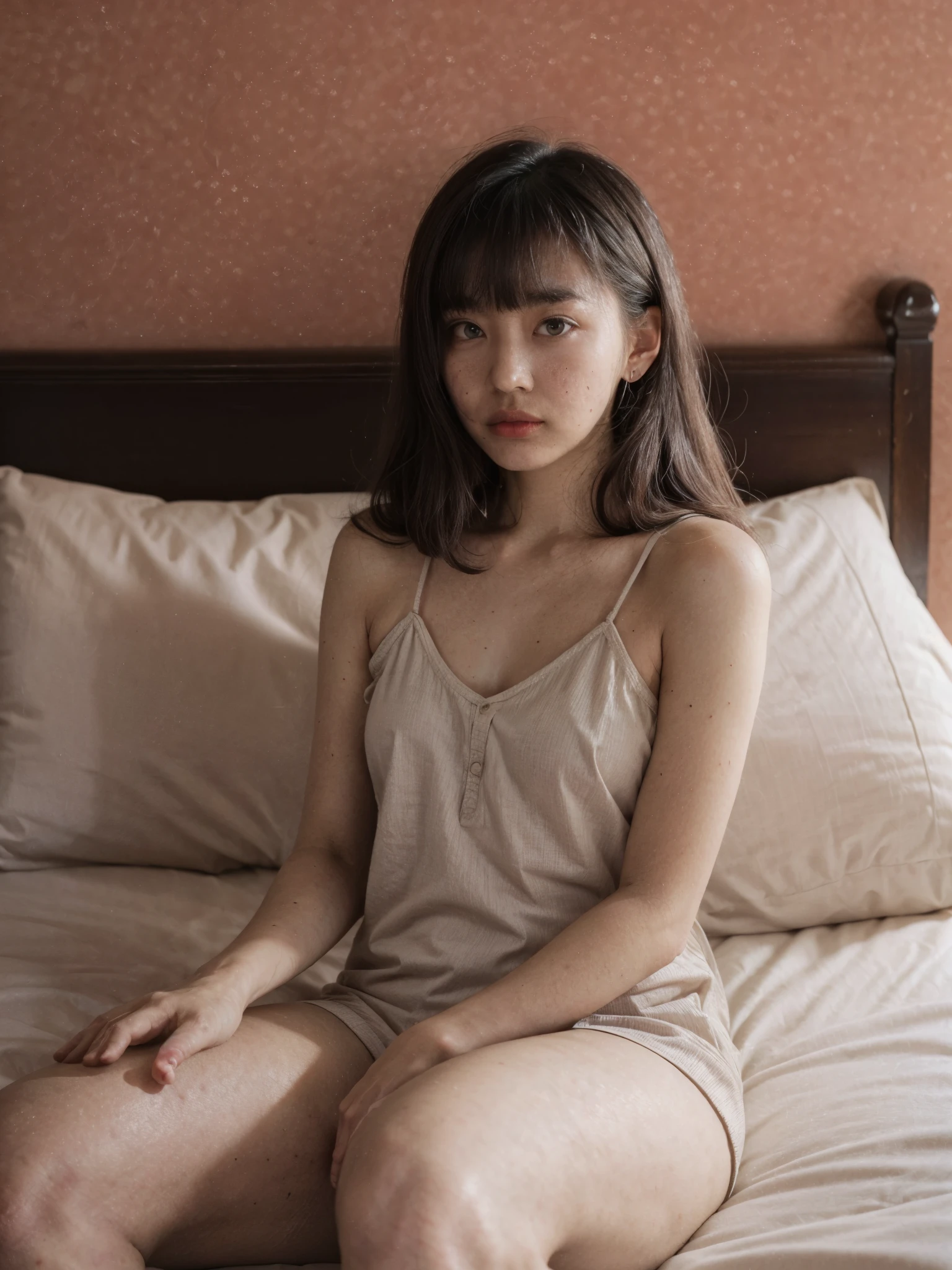 raw photo, 8k, (top-quality), Realistic, (real picture, Intricate details), (natural skin texture, detailed skin, hyper realism, sharpness), (Japanese teenage girl sitting on small bed in a old hotel at night, hands between leg), ((naked)), (((chast:1.5))), (slender body, pale skin:1.2), ((wavy hair, blunt bangs)), (baby face, provocative look, Parted red lips:1.3, eye bag:1.3, red thick lips, under eye circle), thighs, night time, red wallpaper, hard lighting:1.3, full body shot