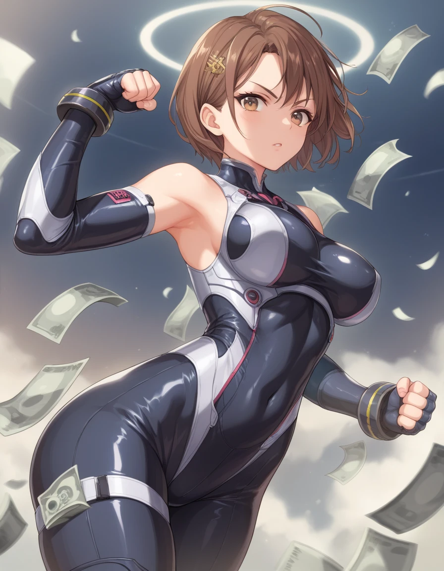 (( top quality)), ((masterpiece)), ( Details),anime, girl, sexy,エロチック,Straight face, Shiny Latex Suit,Futuristic Suit,Armor, gauntlet ,All-black costume,Brown Hair, short hair,Clothing, fist pose ,Money Fight Pose ,