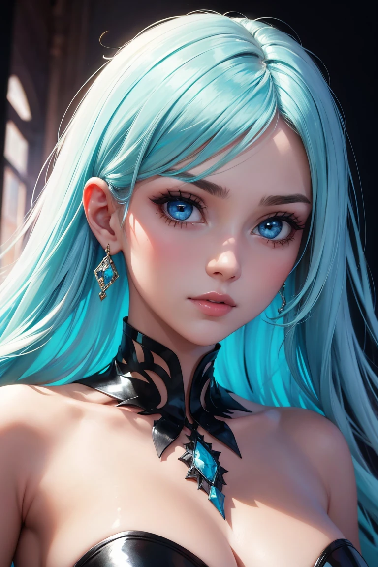 Heart earrings, Pointy ears, crown, Hairpin, shairband, Blue hair, Blunt bangs, scowling, poison fangs, art-deco, surrealism, OP Art, blend, reflective light, JPEG artifacts, color difference, viewfinder, schematics, round corners,  High details, Award-Awarded, A high resolution --auto