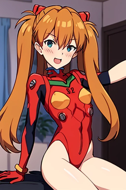 (( top quality)), ((masterpiece)), (be familiar with),  perfect face, indoor, bedroom, looking at the viewer,
One woman,  Soryu Asuka Langley,
 open mouth,  ecstatic expression beside the piano, blush, smile,
 small tits,  flat chested, Young girl, Lori,  s,  girl,
 long hair,  twin tails,
Leg spread,