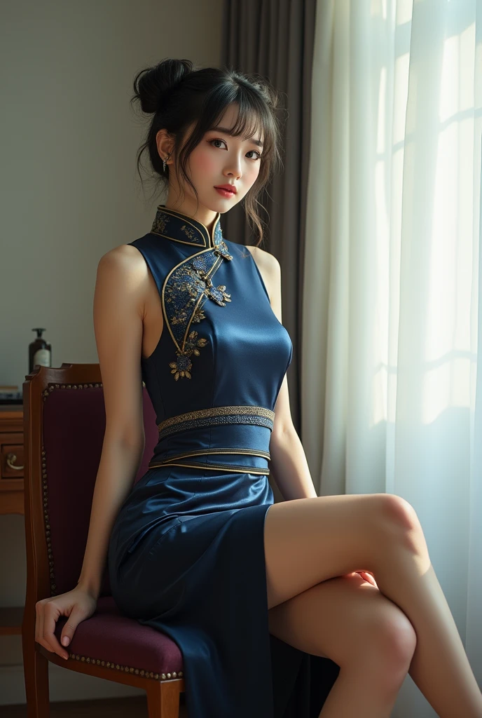 (from outside) (shiny skin), many colors,best quality,masterpiece,realistic photos,intricate details,RAW photos,court,Gorgeous cheongsam in many colorss,extra long hair,Off the shoulders,delicate face,Exposing cleavage,decorate,standing beside window,On the cheongsam,lace,scantily clad,decorate,Showing thighs,Frontal close-up,looking into camera