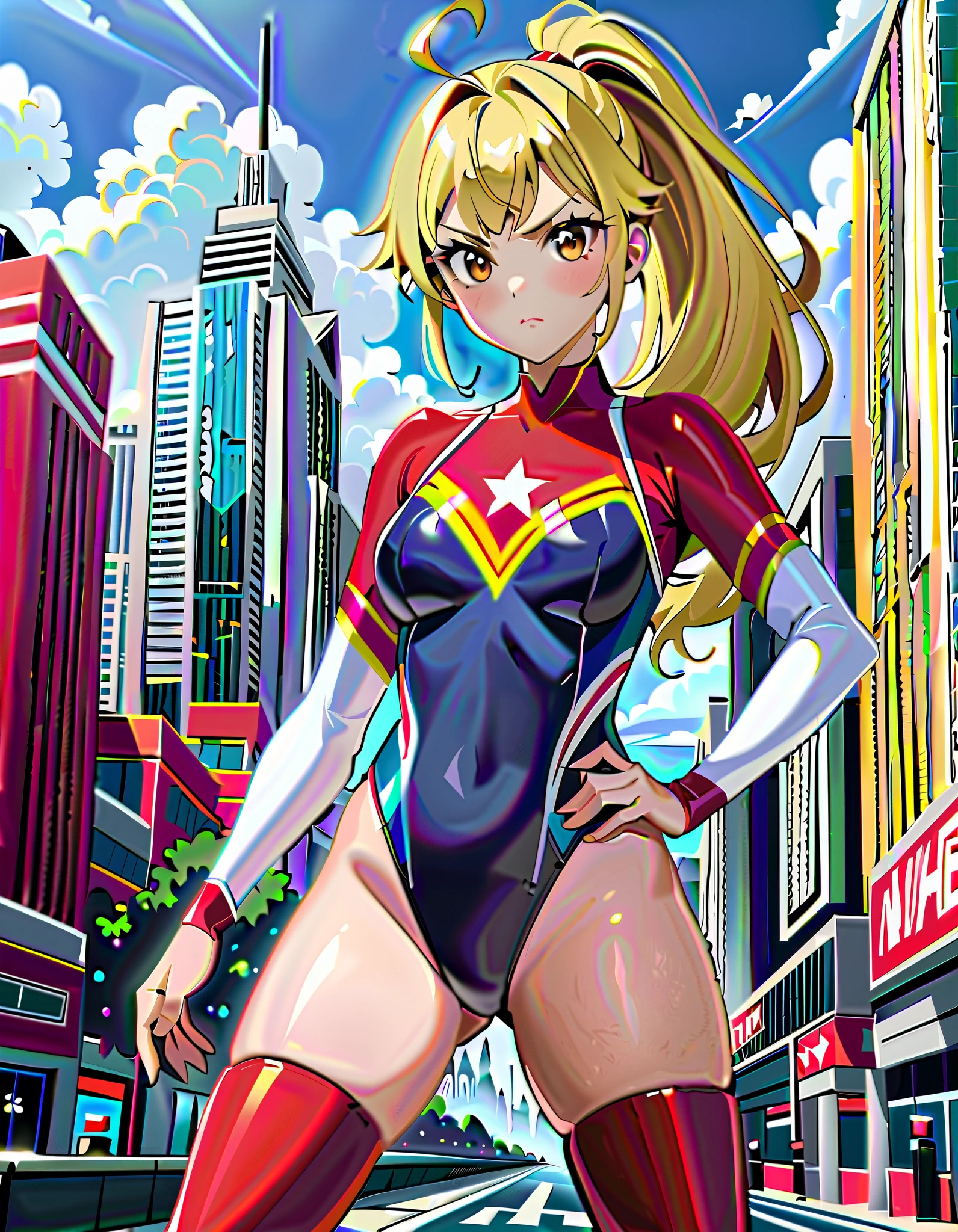 masterpiece, best quality, 1girl, ((bangs, blonde hair, armpit-length hair)), ((black headband)), blue eyes, beautiful detailed eyes, beautiful detailed face, cute face, perfect hands, complete fingers, perfect anatomy, perfect proportions, ((leotard, gymnastics leotard, dark blue leotard)), ((boots, yellow boots, yellow footwear, high heels)), breasts, medium breasts, covered navel, ahoge, ((blue fingerless gloves, yellow bracelets)), (full body portrait), ((pink heart logo on chest)), (skyline), looking at viewer, smile, solo, solo focus, floating, body infused with yellow aura, cowboy shot, using her powers.