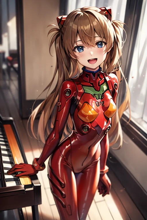 (( top quality)), ((masterpiece)), (be familiar with),  perfect face, indoor, bedroom, looking at the viewer,
One woman,  Soryu Asuka Langley,
 open mouth,  ecstatic expression beside the piano, blush, smile,
 small tits,  flat chested, Young girl, Lori,  s,  girl,
 long hair,  twin tails,
Leg spread,