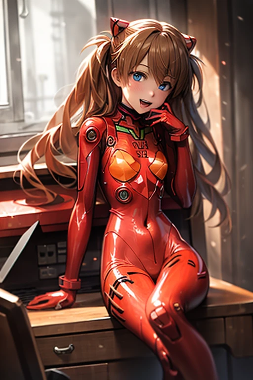 (( top quality)), ((masterpiece)), (be familiar with),  perfect face, indoor, bedroom, looking at the viewer,
One woman,  Soryu Asuka Langley,
 open mouth,  ecstatic expression beside the piano, blush, smile,
 small tits,  flat chested, Young girl, Lori,  s,  girl,
 long hair,  twin tails,
Leg spread,