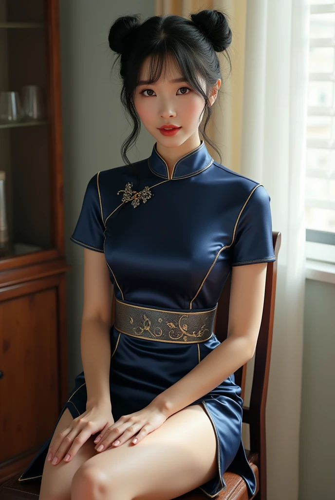 (full body shot), (full-body portrait), absurdres, RAW photo, extremely delicate and beautiful, masterpiece, Best Quality, ultra high resolution, 32k, hyper realistic, ultra-detailed, Very detailed CG 8k wallpaper, detailed background, landscape, Beautiful Lighting, Perfect Lightning, Realistic Shadows, perfect anatomy, anatomically correct, ideal ratio body proportions, perfect figure, Perfect Style, Perfect balance, super Detailed skin, in her 10s, very Slim body, narrow waist, very small head, very small face, delicate facial features, handsome detailed woman, very detailed eyes and face, realistic face proportions, Realistic beautiful face, Realistic beautiful eyes, tearful mole, earring, (very huge round tits), medium hair, asymmetrical hair, wavy hair, (navy cheongsam),
