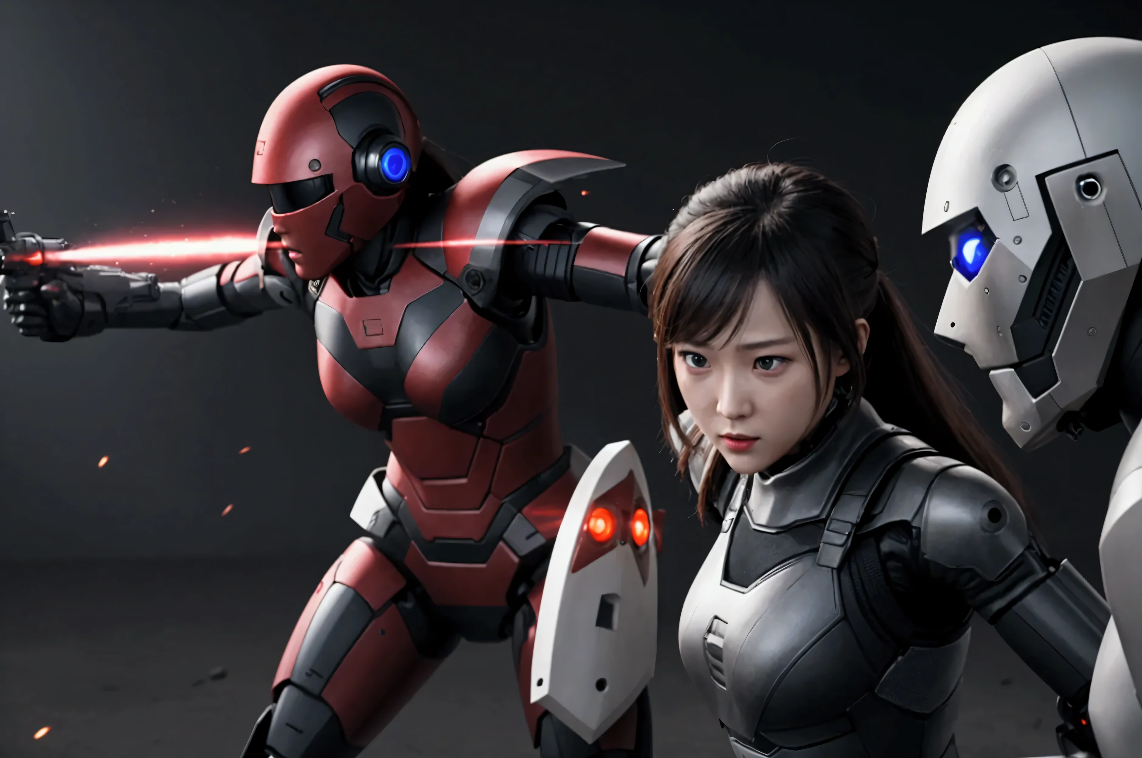  movie lights,  female-type weapon specialized in combat、 female android、In the middle of a fierce battle 、 is fighting、During combat、 fighting an enemy robot 