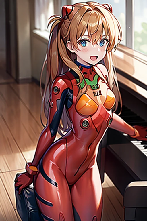 (( top quality)), ((masterpiece)), (be familiar with),  perfect face, indoor, bedroom, looking at the viewer,
One woman,  Soryu Asuka Langley,
 open mouth,  ecstatic expression beside the piano, blush, smile,
 small tits,  flat chested, Young girl, Lori,  s,  girl,
 long hair,  twin tails,
Leg spread,