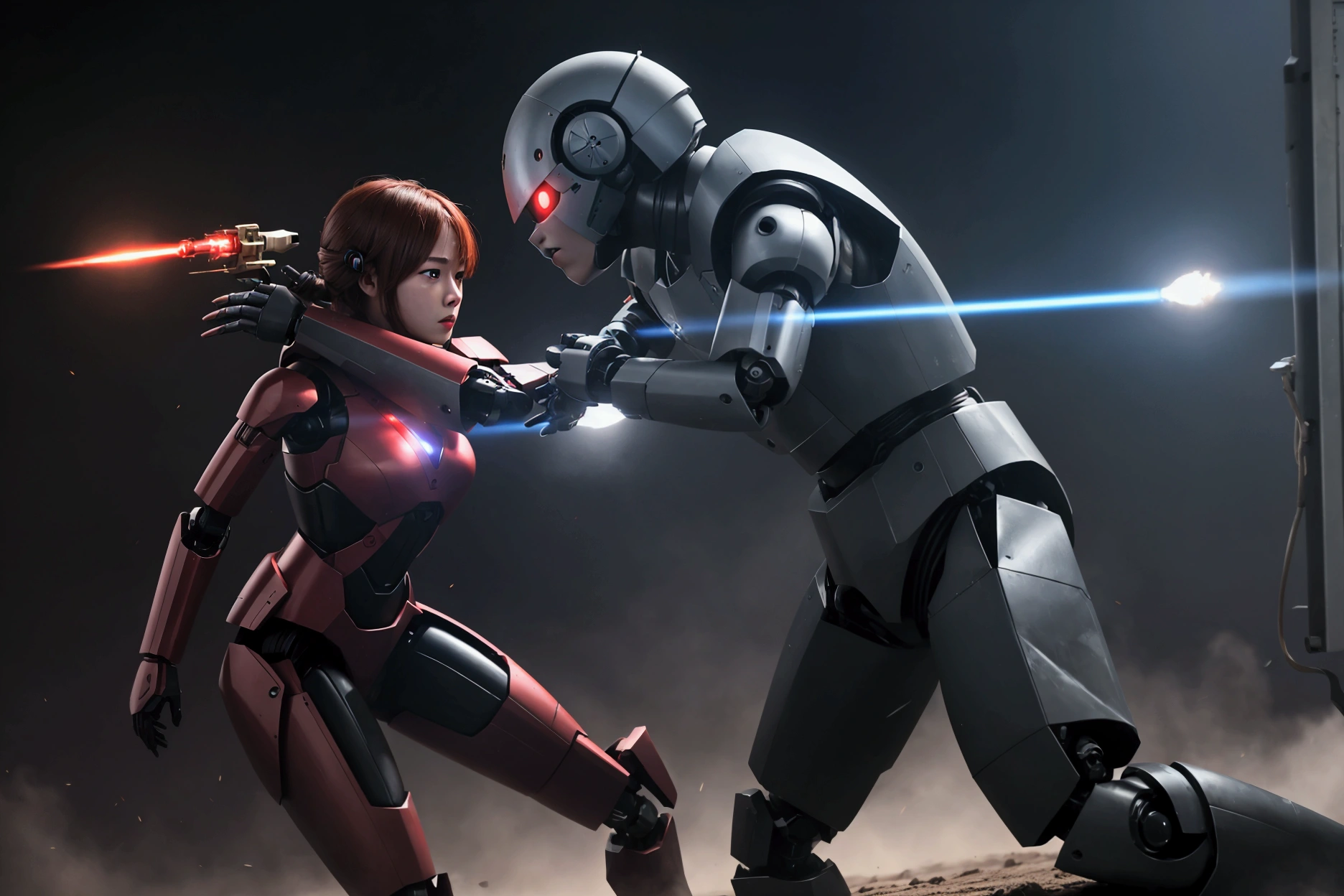  movie lights,  female-type weapon specialized in combat、 female android、In the middle of a fierce battle 、 is fighting、During combat、 fighting an enemy robot 